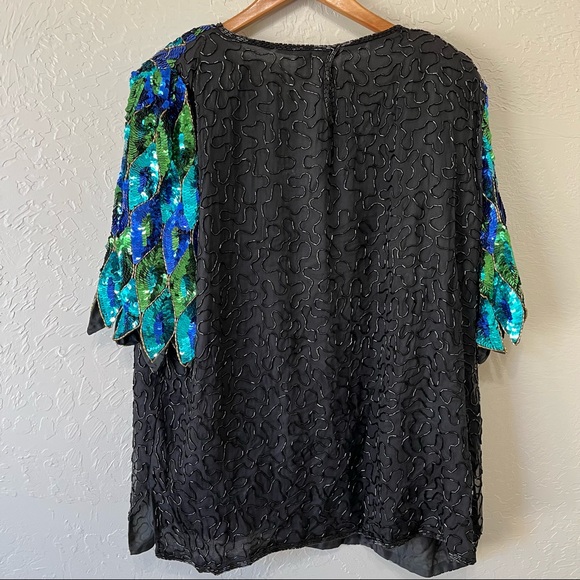 Vintage Sequin 100% Silk Peacock Green Blue Top Blouse - Picture 6 of 15